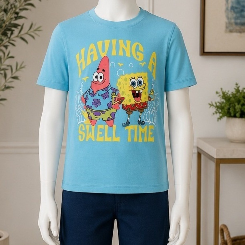 Nickelodeon Boys Rashguard SpongeBob Patrick UV50 Blue Swim Shirt Size 8